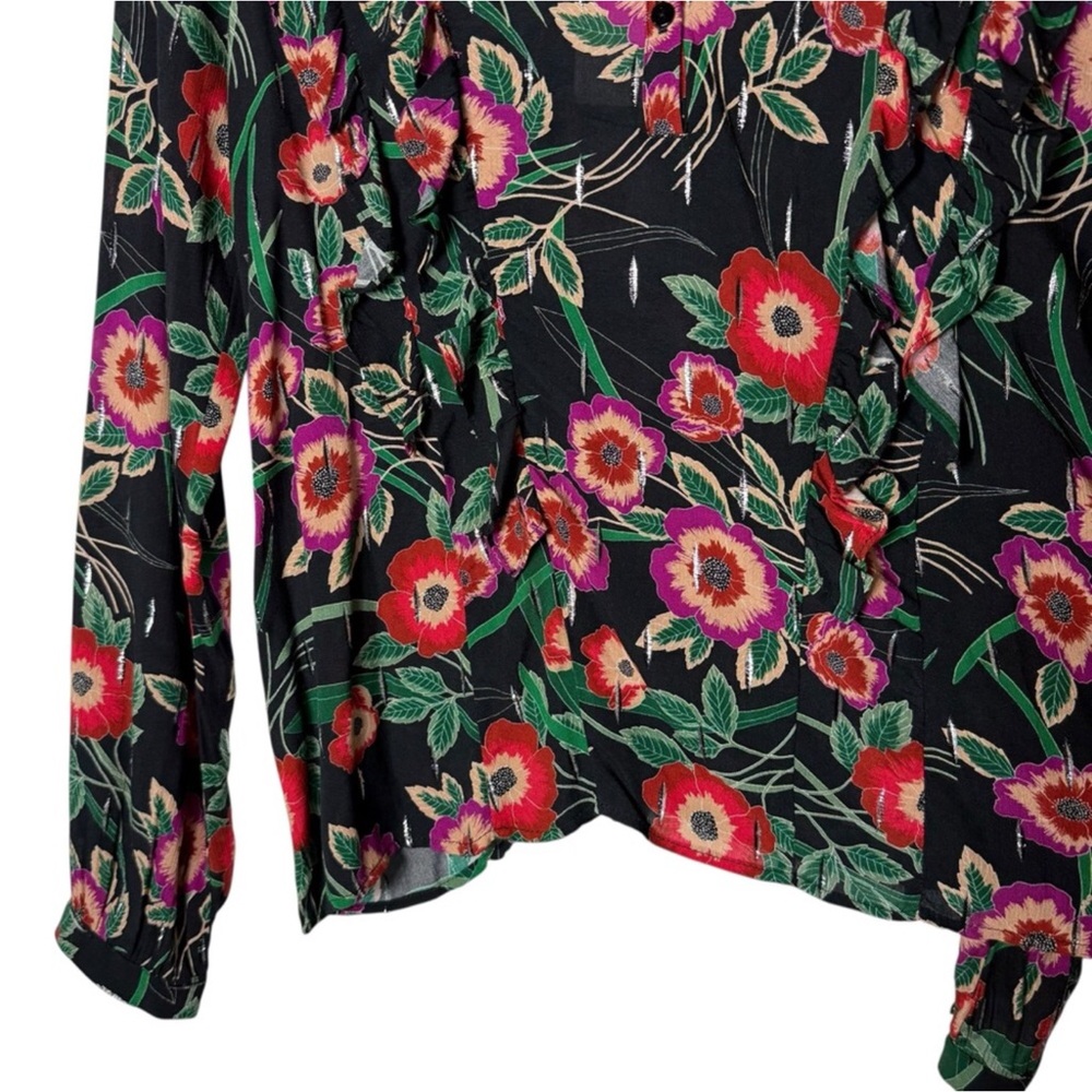Anthro Misa Los Angeles Hibiscus Floral Ruffle Blouse with Metallic Threading - Picture 8 of 16